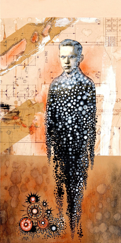 Timeline 4, mixed media on wooden body, 40 x 20 cm